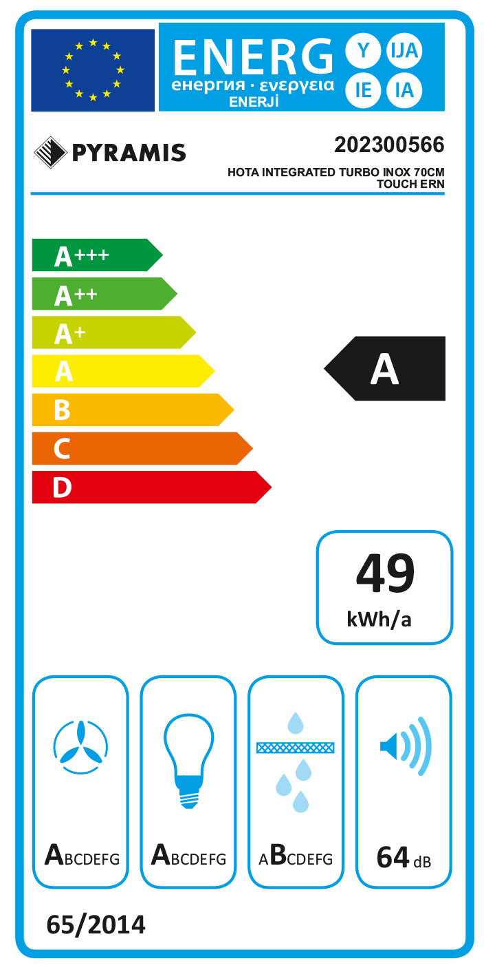 Hota total incorporabila Pyramis Turbo ERN, 70 cm, 1 motor, 760m³h, electronic Soft Touch control, Timer