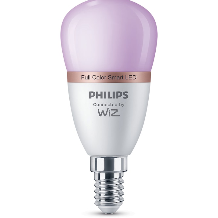 Bec LED RGB inteligent Philips Bulb, Wi-Fi, Bluetooth, P45, E14, 4.9W (40W), 470 lm, lumina colorata, clasa energetica F - EpicHome