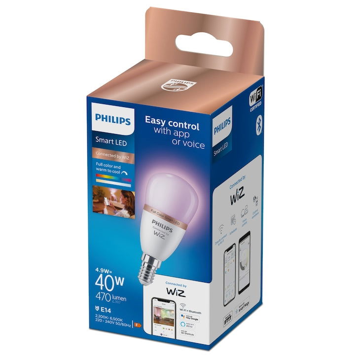 Bec LED RGB inteligent Philips Bulb, Wi-Fi, Bluetooth, P45, E14, 4.9W (40W), 470 lm, lumina colorata, clasa energetica F - EpicHome