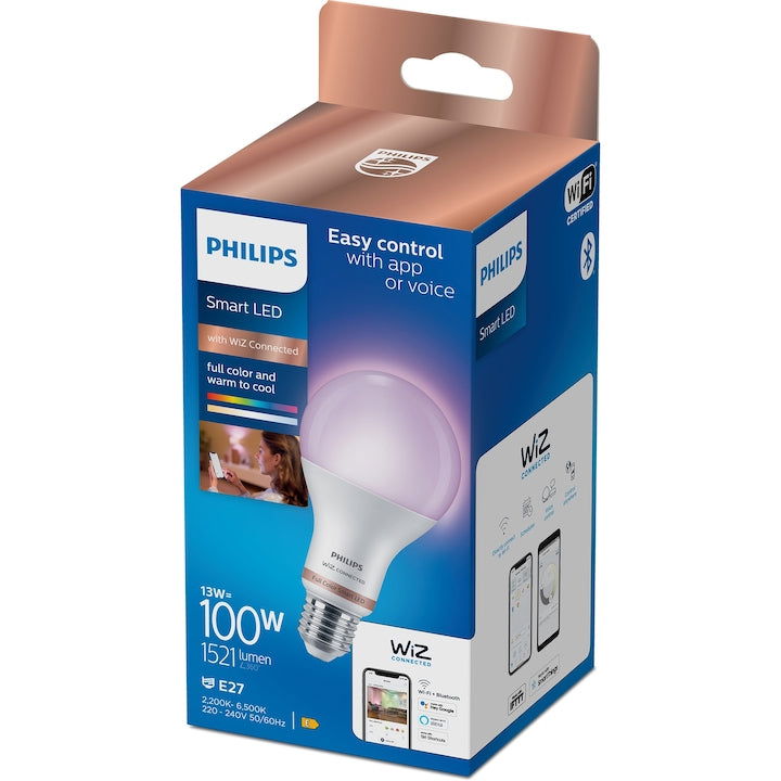 Bec LED RGB inteligent Philips Smart A67, Wi-Fi, Bluetooth, E27, 13W (100W), 1521 lm, lumina alba si colorata (2200-6500K) - EpicHome