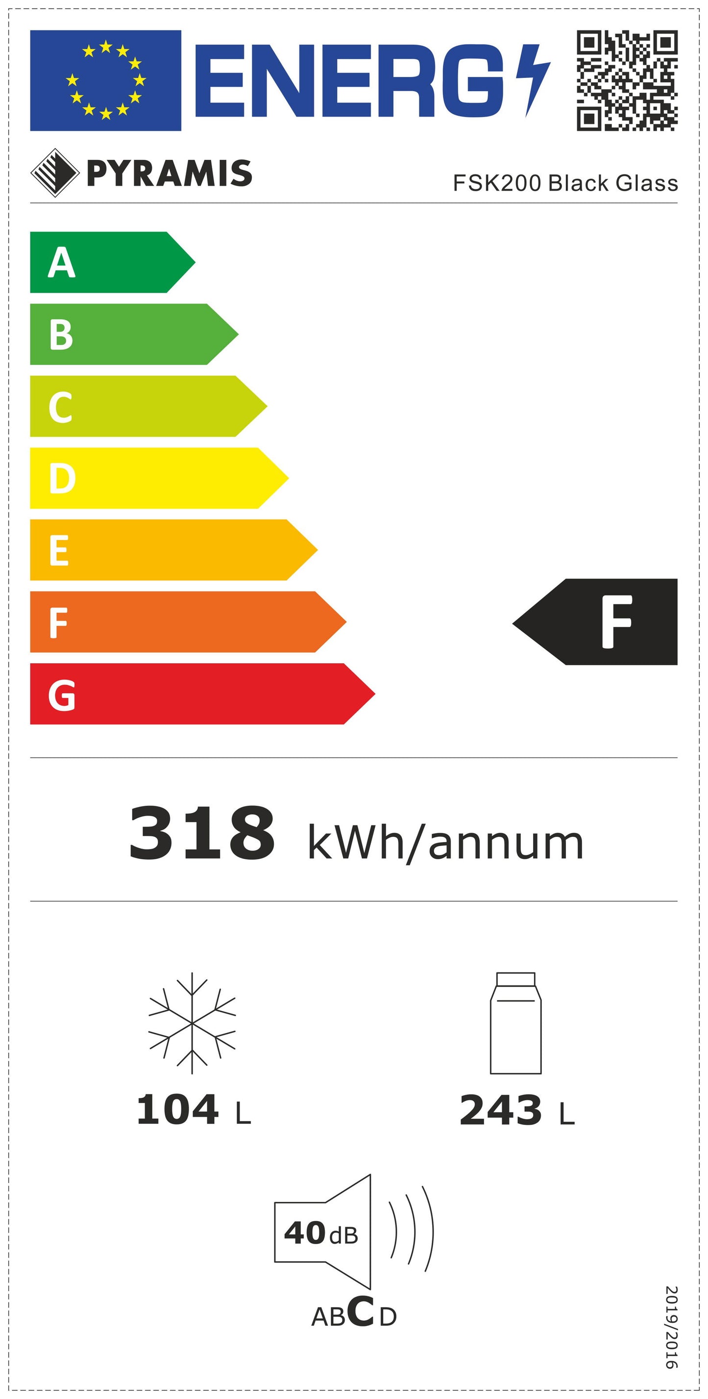 Combina frigorifica Pyramis FSK200 Black Glass, total NO FROST, clasa F, capacitate totala 347 litri - EpicHome.ro