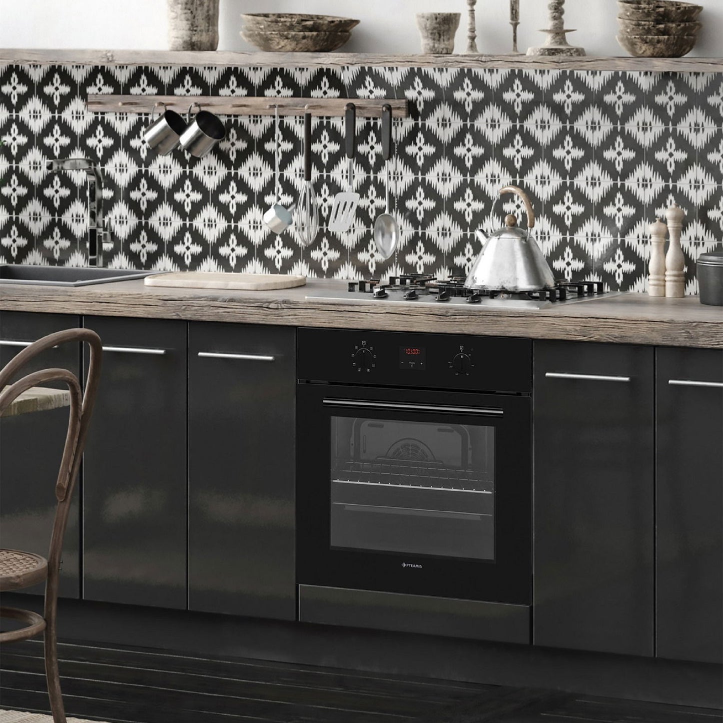 Cuptor electric Pyramis 60IN 80102 Full Black Glass, 8 functii, clasa A, 69 litri, timer electronic, butoane rotative - EpicHome.ro