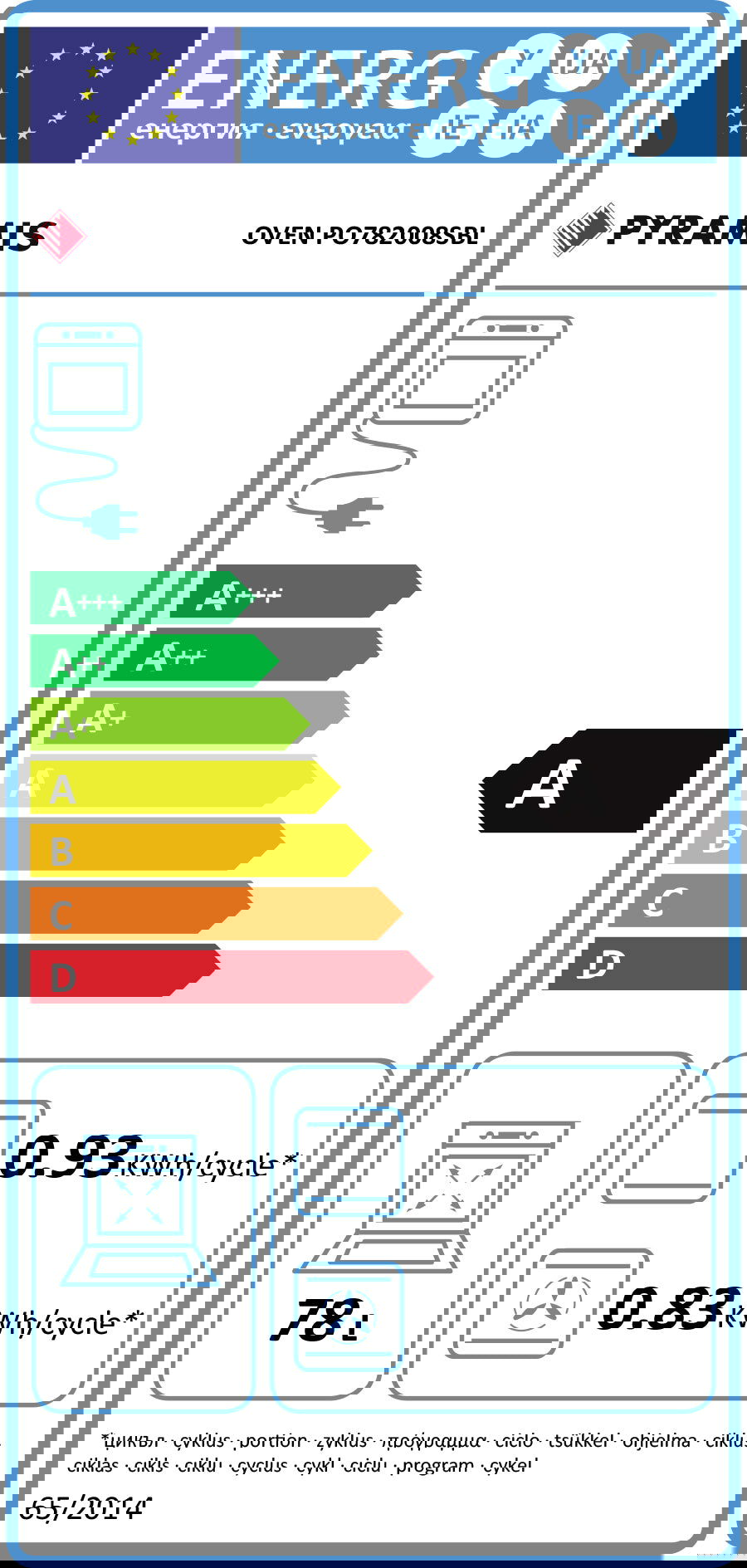Cuptor electric Pyramis PO78072008SBL Full Black Glass, 8 functii, clasa A, volum 78 litri, timer digital, Cool Touch, butoane rotative - EpicHome.ro