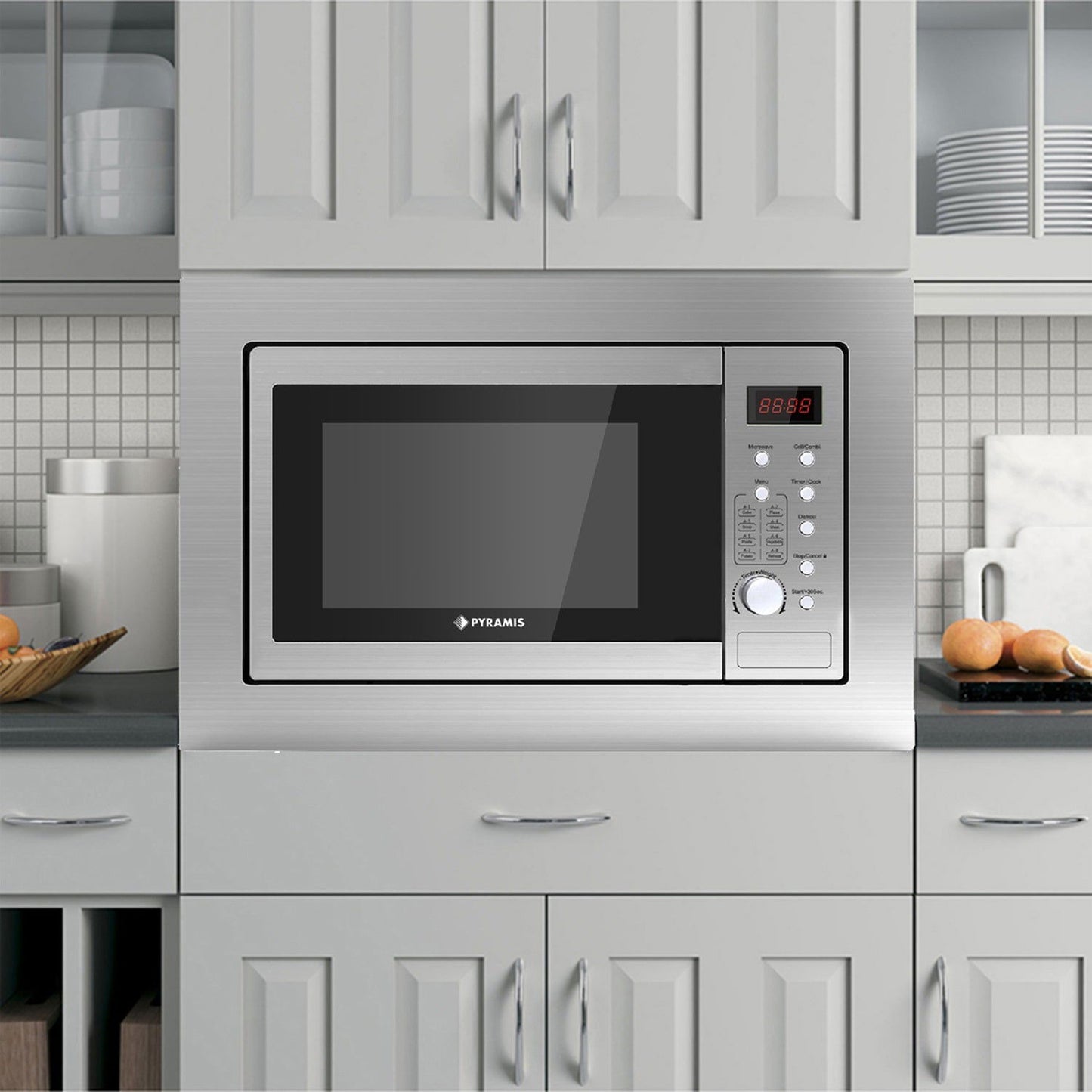 Cuptor microunde incorporabil Pyramis 30UG Silver, 28 litri, 900 W, 8 func?ii automate, 595x381x355mm - EpicHome.ro