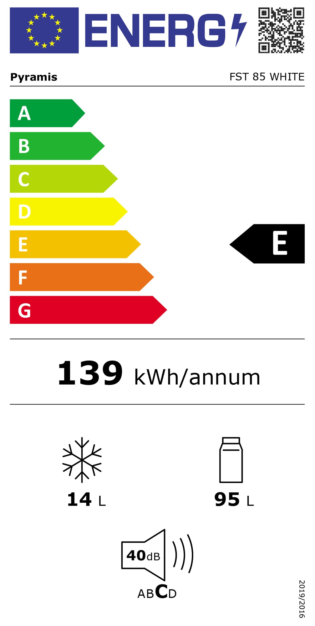 Frigider cu o usa Pyramis FST 85 White, sistem racire Static, clasa E, capacitate totala 109 litri