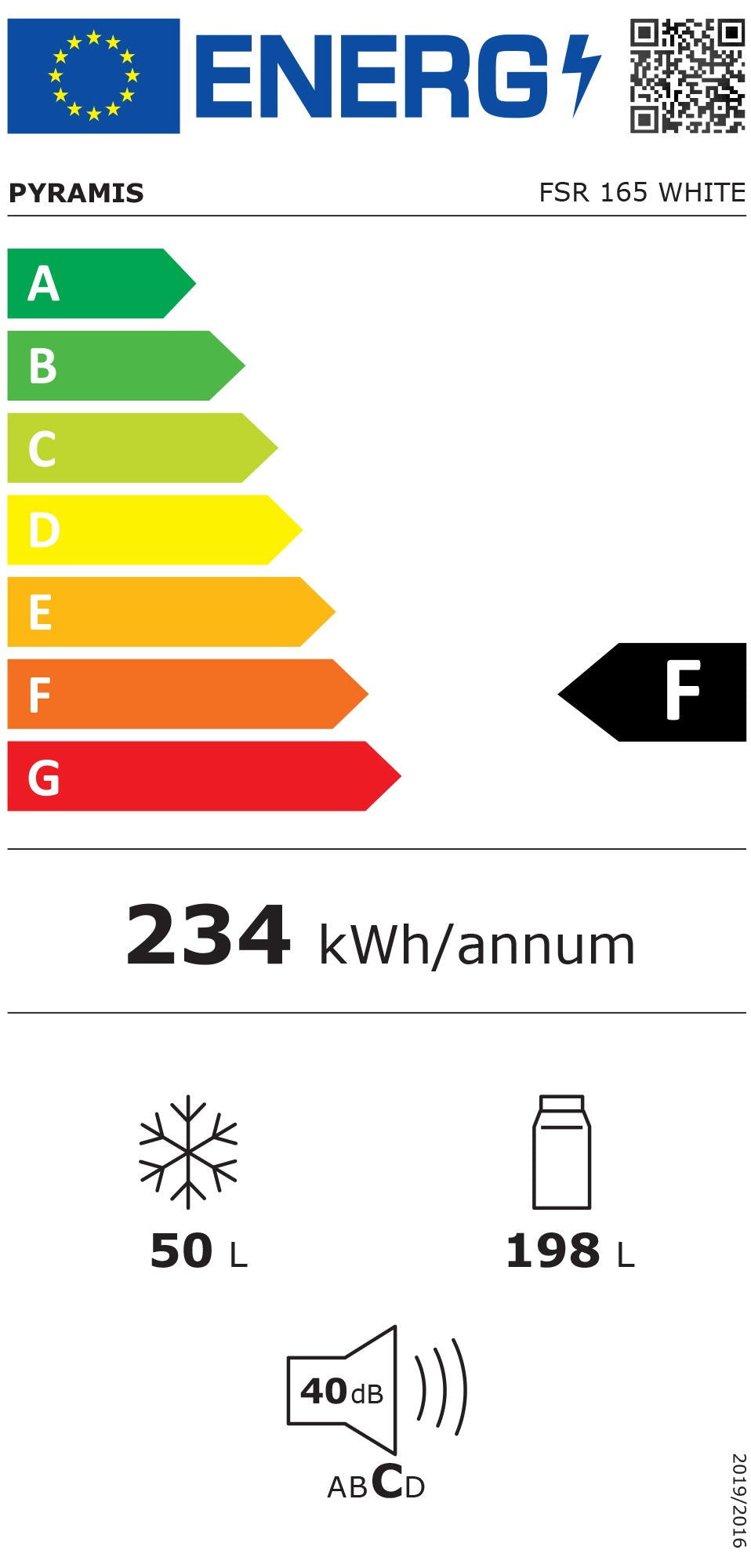 Frigider cu doua usi Pyramis FSR 165 White, sistem racire Static, clasa F, capacitate totala 248 litri - EpicHome.ro