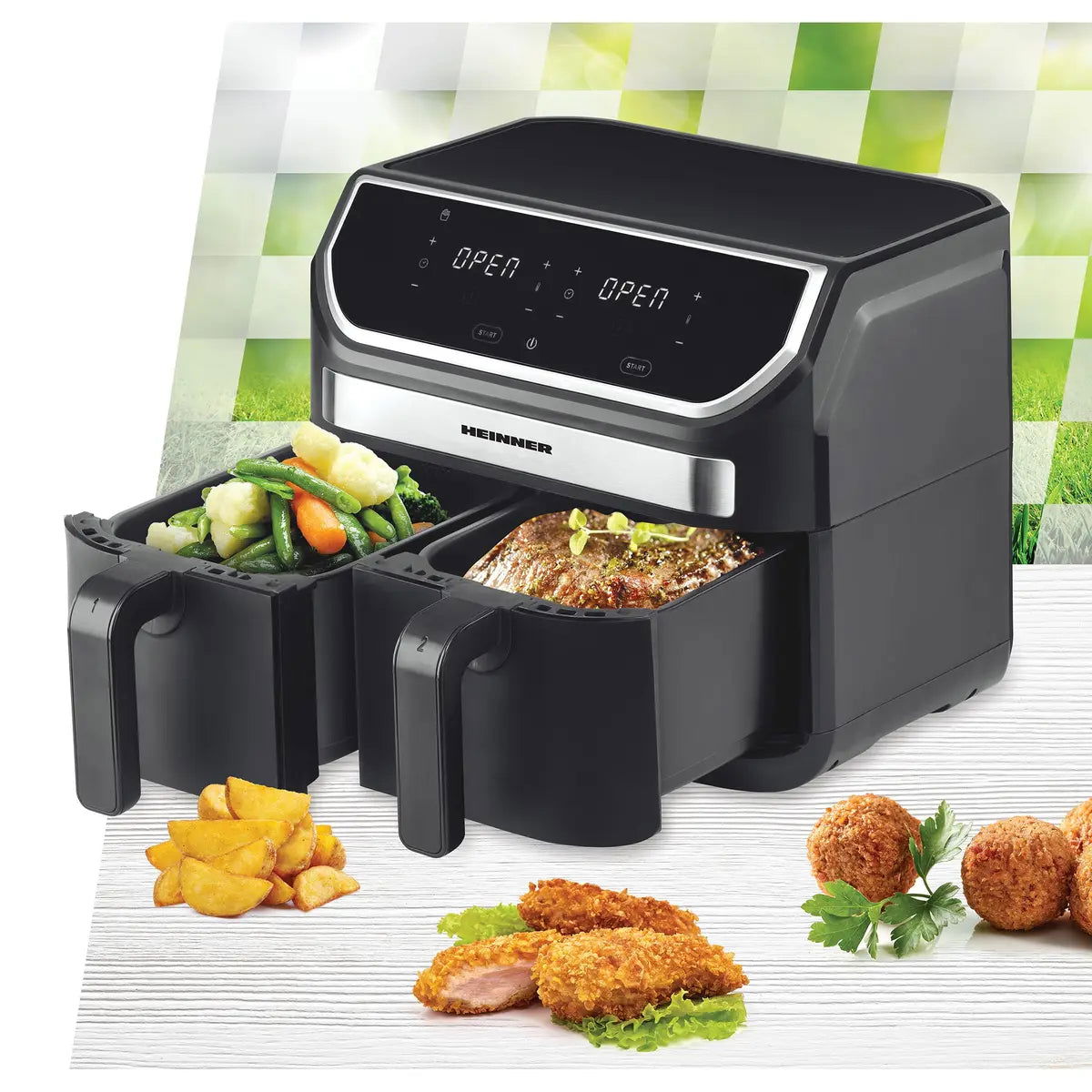 Friteuza dubla cu aer cald Heinner Double Master HAF-KDB1700BK, 8.5L, 1700W, doua cosuri detasabile antiaderente - EpicHome