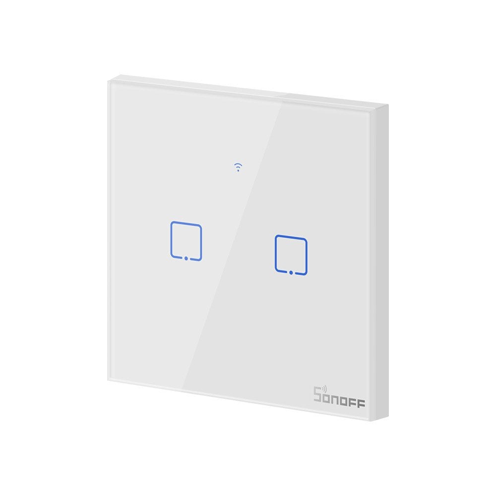 Intrerupator inteligent dublu cu touch Sonoff T1EU2C TX, Wi-Fi, compatibil Amazon Alexa si Google Assistant, sticla, Alb - EpicHome