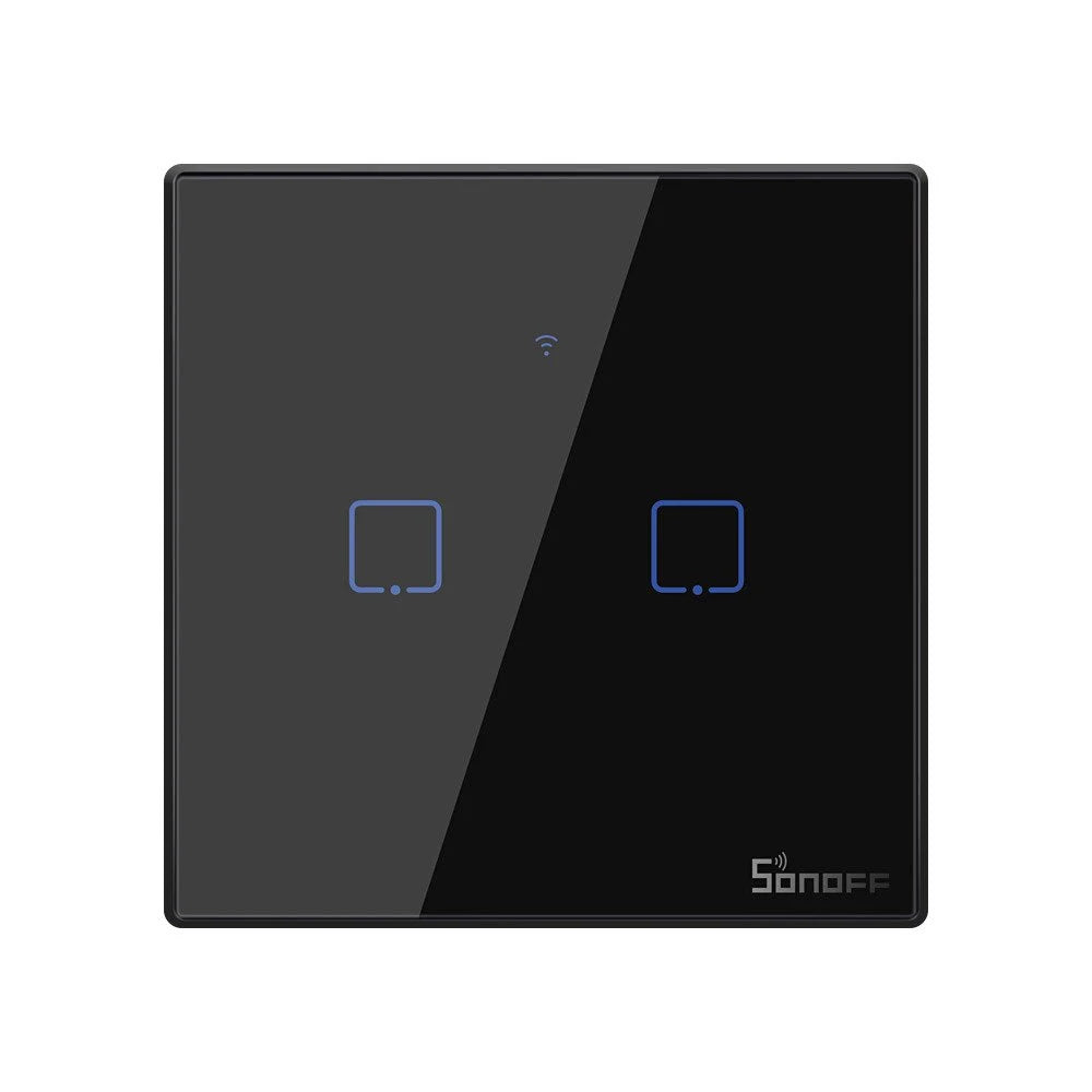 Intrerupator smart Sonoff T3EU2C TX, Wireless + RF 433, 2 canale, cu touch, sticla, Negru - EpicHome.ro