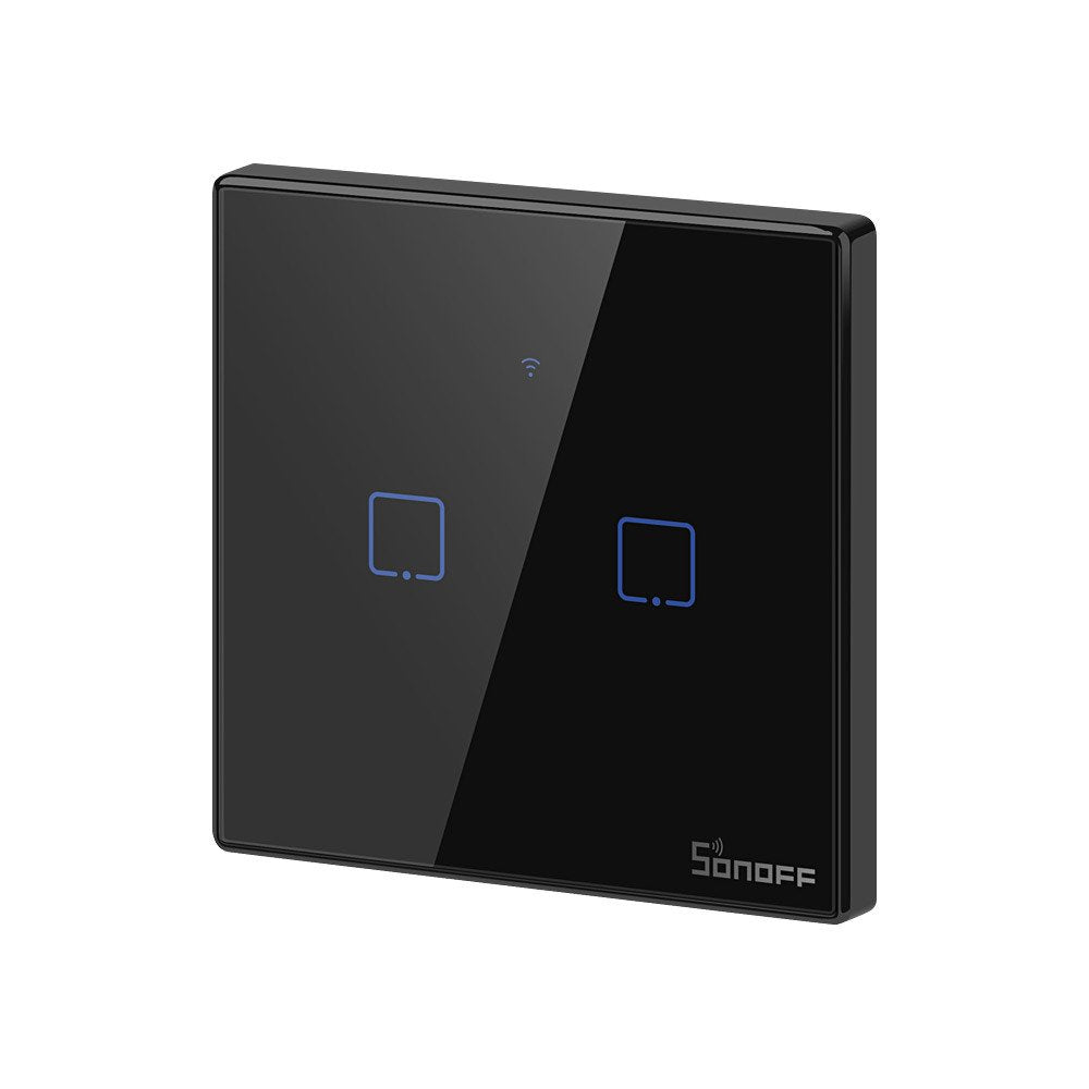 Intrerupator smart Sonoff T3EU2C TX, Wireless + RF 433, 2 canale, cu touch, sticla, Negru - EpicHome.ro