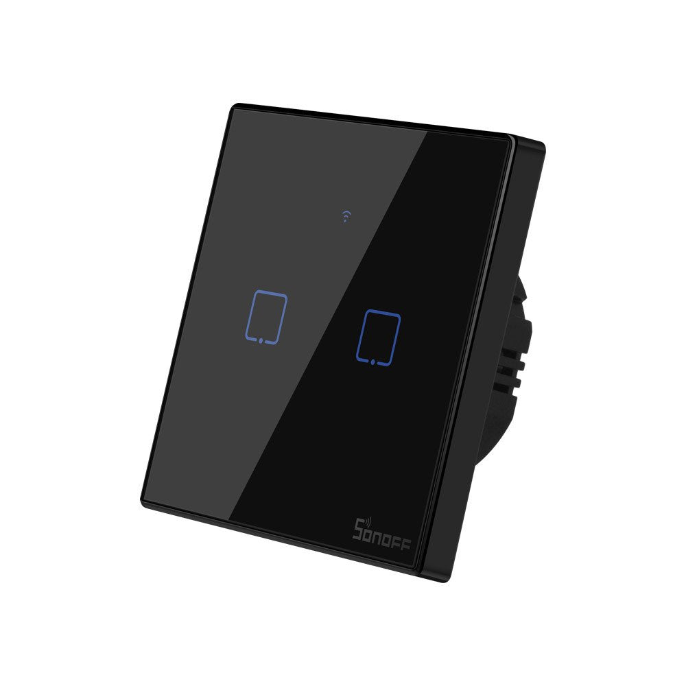 Intrerupator smart Sonoff T3EU2C TX, Wireless + RF 433, 2 canale, cu touch, sticla, Negru - EpicHome.ro