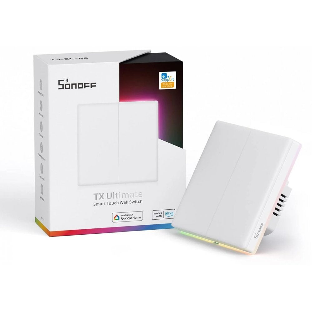 Intrerupator smart Sonoff T5-2C-86, Wireless cu full touch (2 canale), lumina LED 5A/1200W - EpicHome.ro