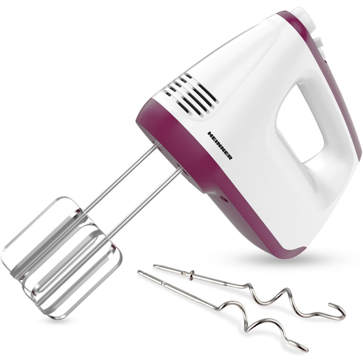 Mixer de mana Heinner HM-400BG, 400W, 2 teluri si 2 carlige din inox, 6 viteze, turbo, Alb/burgundy - EpicHome