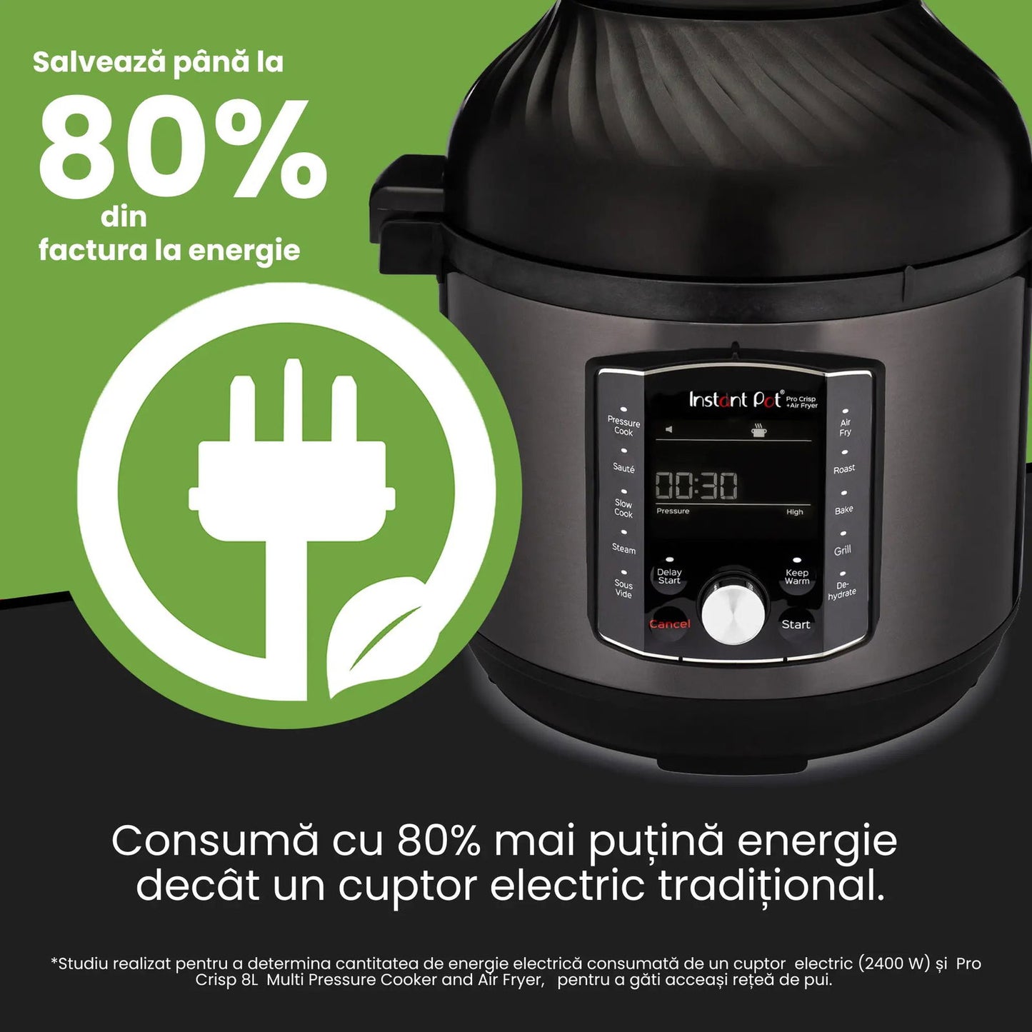 Multicooker si friteuza cu aer cald, 2 in 1, Instant Pot Pro Crisp 8, 1500W, 11 programe presetate, Capacitate 7.6 litri, Vas interior din inox, Negru - EpicHome