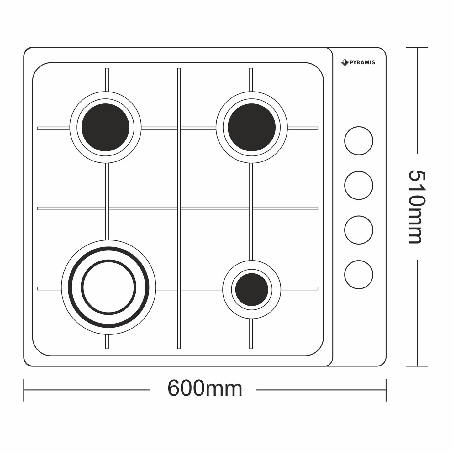 Plita gaz Pyramis 4102, Inox, gratare emailate, 60x51 cm