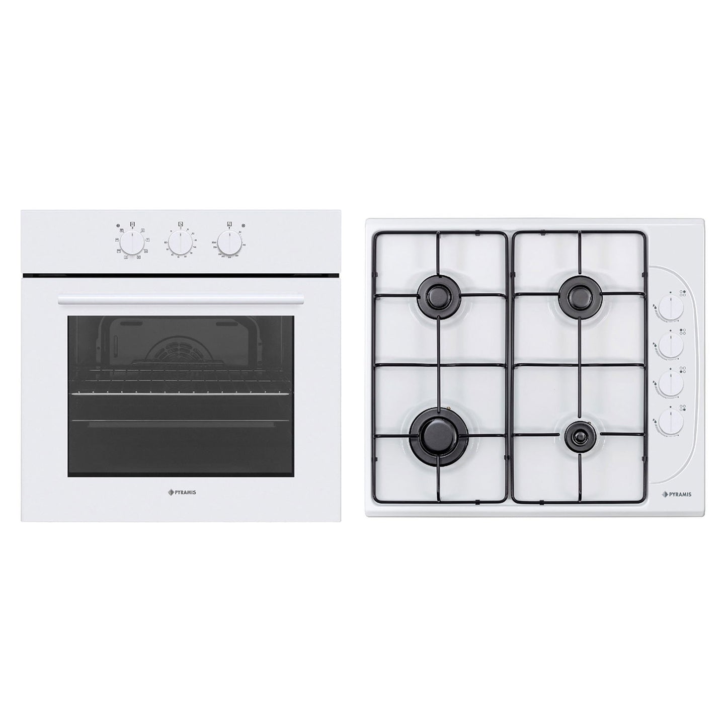 Pachet Pyramis 4P, cuptor electric incorporabil si plita gaz, 8 functii, clasa A, volum 69 litri, butoane rotative, Grill, 4 arzatoare, gratare emailate, finisaj sticla alba si email - EpicHome.ro