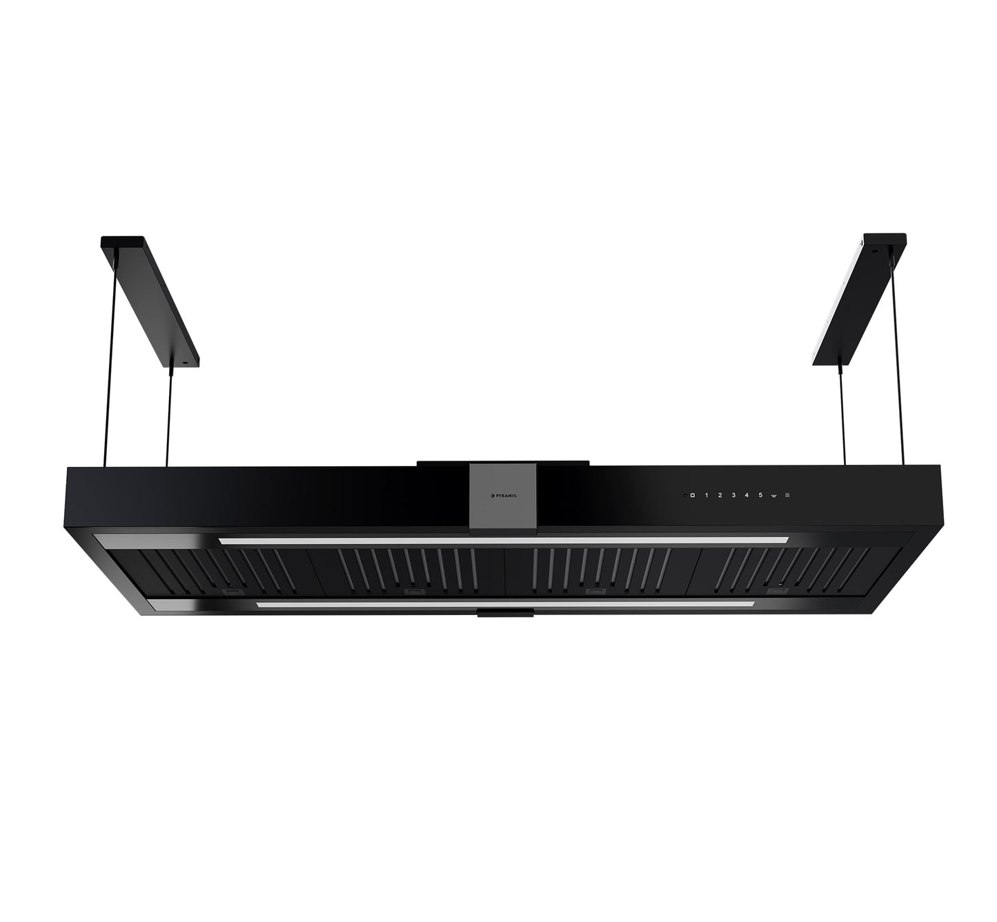 Hota decor insula Pyramis ERN1049, Control cu telecomanda, putere de absorbtie 945mc/h, 1 motor turbo, 130cm, finisaj sticla neagra