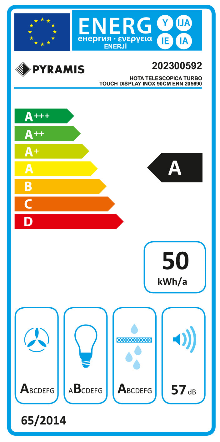 Hota telescopica Pyramis Turbo ERN 2056, Touch Control Display, putere de absorbtie 760mc/h, 1 motor turbo, 90cm