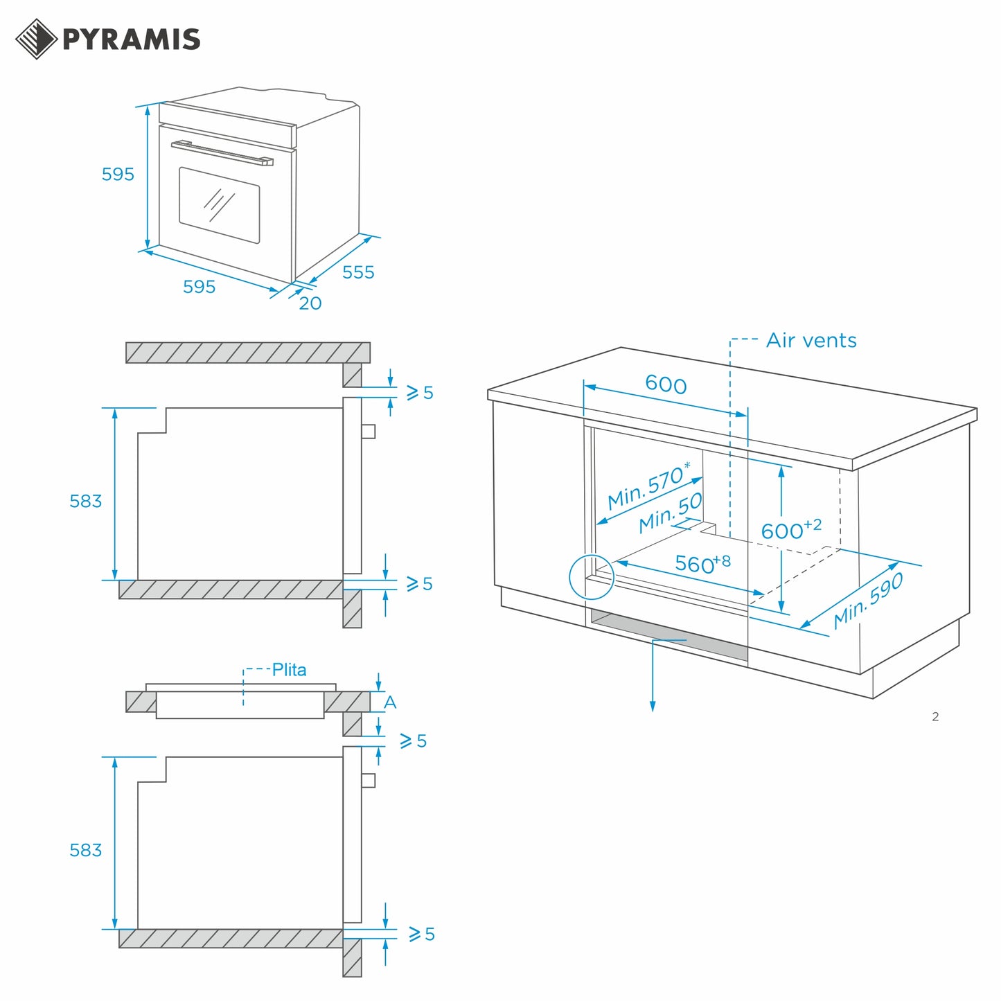 Cuptor electric Pyramis 60IN 6070 Megalo Inox, 8 functii, clasa A, volum 65 litri, Aqua Clean