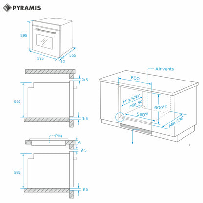 Cuptor electric Pyramis 60IN 6070 Megalo Inox, 8 functii, clasa A, volum 65 litri, Aqua Clean
