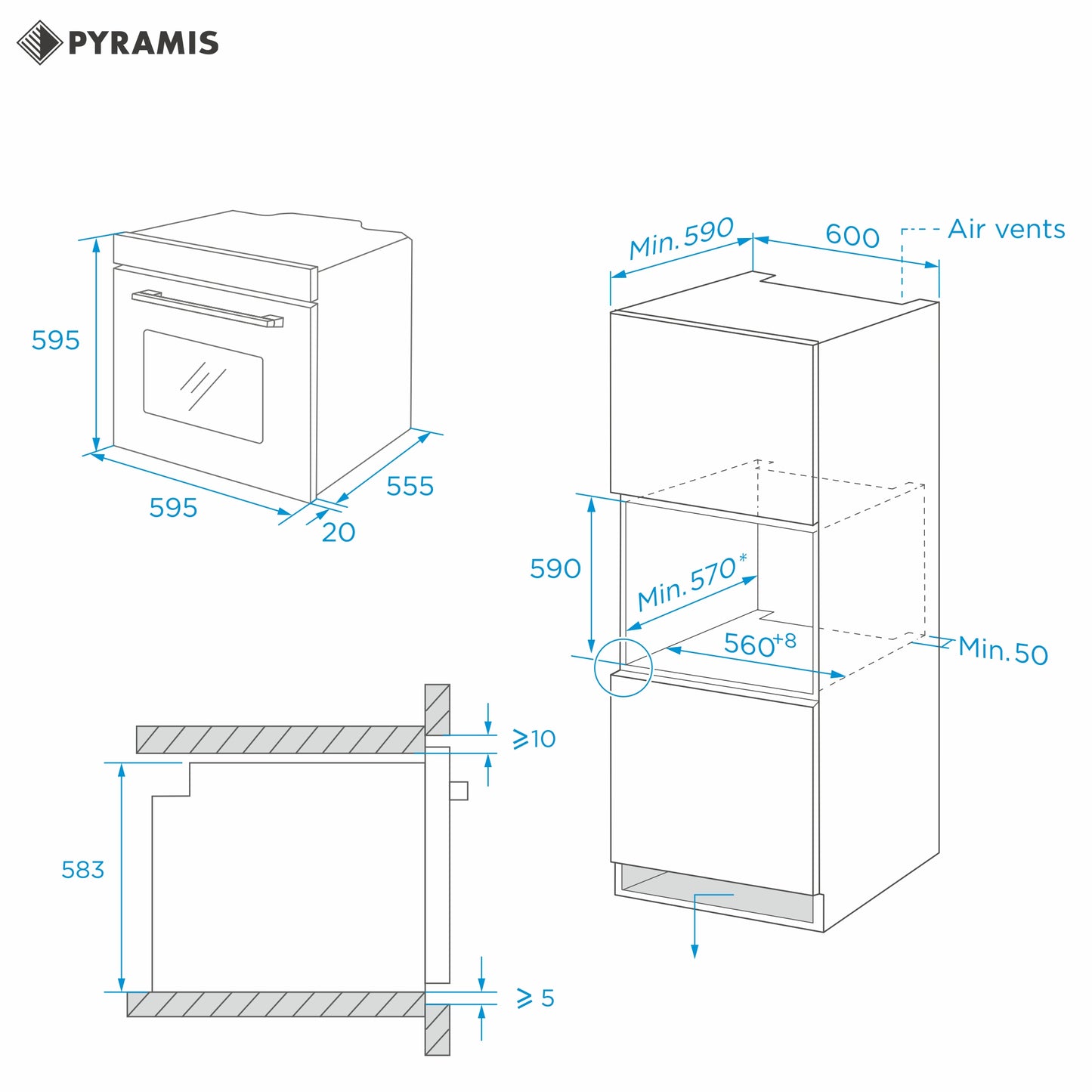 Cuptor electric Pyramis 60IN 6070 Megalo Inox, 8 functii, clasa A, volum 65 litri, Aqua Clean