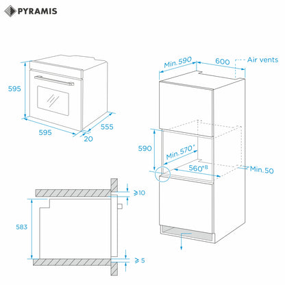 Cuptor electric Pyramis 60IN 6070 Megalo Inox, 8 functii, clasa A, volum 65 litri, Aqua Clean