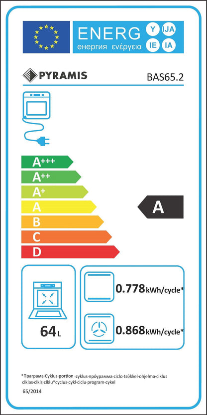 Cuptor electric Pyramis BAS65 Inox & Black Glass, 6 functii, clasa A, 64 litri, timer mecanic, butoane rotative - EpicHome.ro