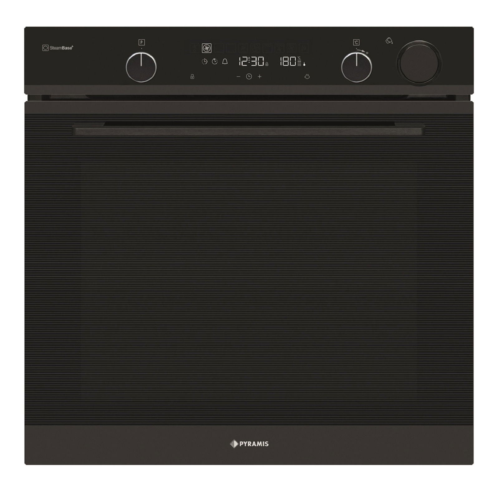 Cuptor electric Pyramis PO78104010EBL? Full Black Glass, 10 functii, clasa A, volum 78 litri, Soft Close, Cool Touch, Steam Base+, ghidaje telescopice - EpicHome.ro