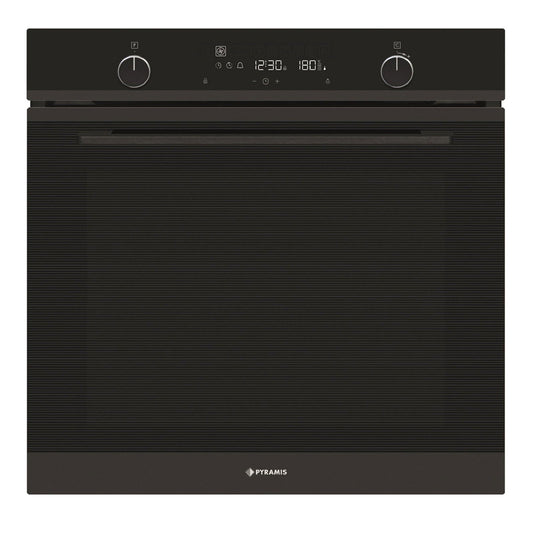 Cuptor electric Pyramis PO78114010EBL? Full Black Glass, 10 functii, clasa A, volum 78 litri, Soft Close, Cool Touch, Piroliza, ghidaje telescopice - EpicHome.ro