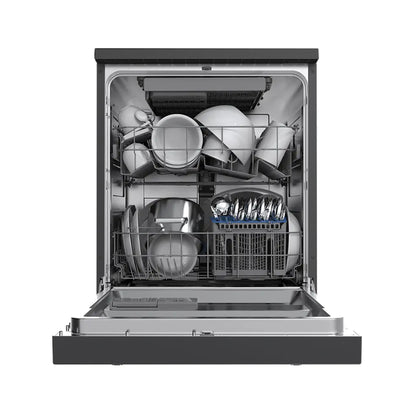 Masina de spalat vase Pyramis DWL 60FS Black, 14 Seturi, 7 programe, Clasa D, Power wash, Half load, Aquastop, Auto open, Child lock, 60 cm