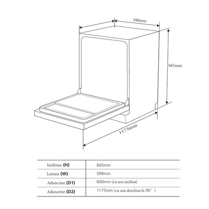 Masina de spalat vase Pyramis DWL 60FS Black, 14 Seturi, 7 programe, Clasa D, Power wash, Half load, Aquastop, Auto open, Child lock, 60 cm