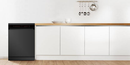 Masina de spalat vase Pyramis DWL 60FS Black, 14 Seturi, 7 programe, Clasa D, Power wash, Half load, Aquastop, Auto open, Child lock, 60 cm