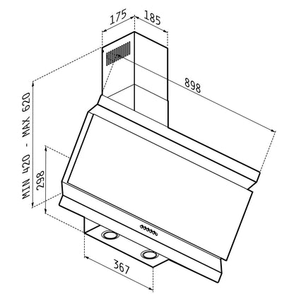 Hota decor Pyramis ELEGANTO Black Glass & Inox, 1 motor turbo, butoane pivotante, 455m³h - EpicHome.ro