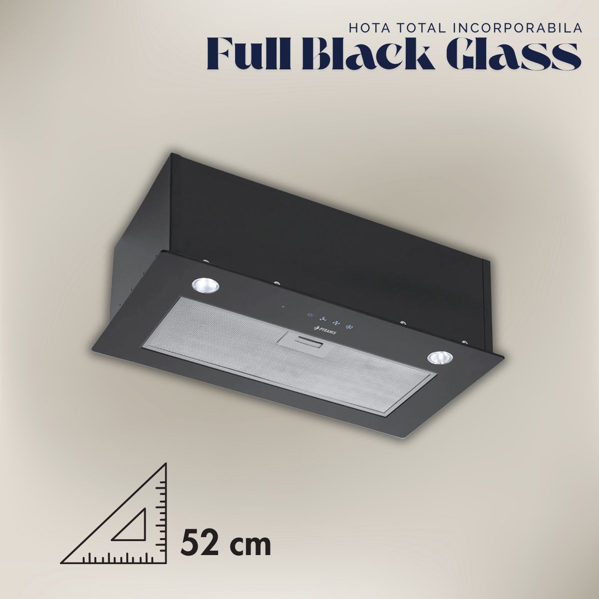 Hota total incorporabila Pyramis Full Black Glass, 1 motor, Timer, Touch control, 420m³h