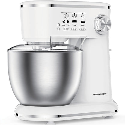 Mixer planetar Heinner HPM-1000WHCH , 1000w, bol inox 5l, 10 viteze, accesorii tel, carlig framantare, paleta, capac transparent protectie, Alb - EpicHome