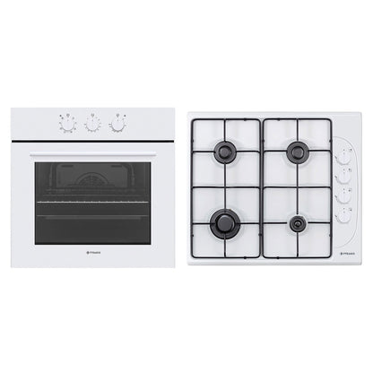 Pachet Pyramis 4P, cuptor electric incorporabil si plita gaz, 8 functii, clasa A, volum 69 litri, butoane rotative, Grill, 4 arzatoare, gratare emailate, finisaj sticla alba si email - EpicHome.ro
